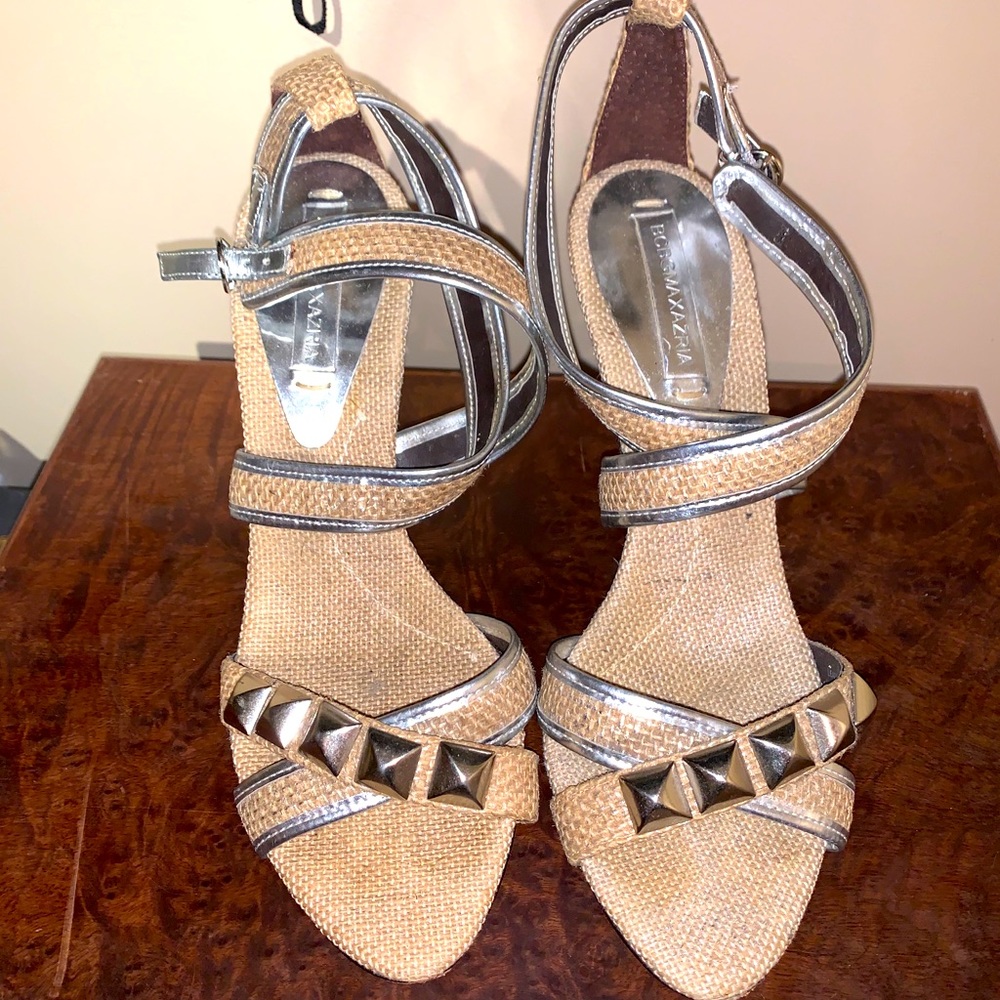 BCBG beige jute and silver leather sandals